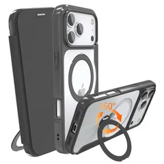 【数量限定】用 ケース Max 手帳型 カード収納 背面クリア Pro MagSafe対応 リング付き 360°回転スタンド軽い 17 薄型 耐衝撃 全面保護 iPhone 縦横両対応 レザー素材 マグセーフ対応 IIKAYO おしゃれ 黒