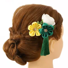 髪飾り 成人式 振袖 浴衣 卒業式 袴 結婚式 4点セット 黄 緑 白  花 和 洋 かんざし 手作り 簪 つまみ細工 ちりめんフォーマル 花飾り 玉飾り ブライダル W 36 303-202 黄 緑 p722　Si