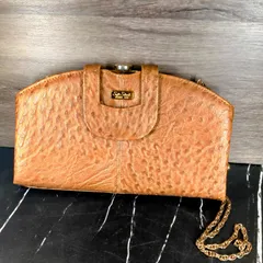 【美品】オーストリッチ チェーンバッグ 本革 がま口 クラッチ アンティーク ヴィンテージ 古着 キャメル ハンドバッグ パーティー レディース 本革 革製品 骨董 80 90