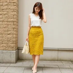 【上品×華やか×タイト♦️】総レース＊ペンシルスカート＊ミモレ丈＊マスタードイエロー＊Mサイズ＊LATOCALLE＊ラトカーレ💐