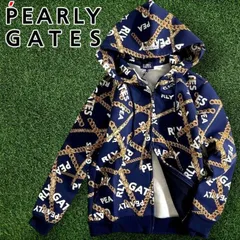 PEARLY GATES パーリーゲイツ ゴルフ 日本製 ツイルダンボール チェーンロゴ柄 フルジップ フーディ パーカー ジャケット ゴルフウェア レディース 055-2262006 定価3.4万 ネイビー ▲038▼50214w03