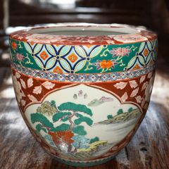 古伊万里 色絵 花唐草図火鉢 高さ25cm 古美術品 メダカ鉢 金魚鉢 手炙り火鉢 アンティーク 睡蓮鉢 十錦手 花図 植木鉢 骨董品
