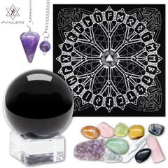 開運グッズ 厄除け 占い ウィッカセット 黒曜石 ボール48mm ペンデュラム パワーストーン ルーンクロス プレゼント [Amuleri] AK-110