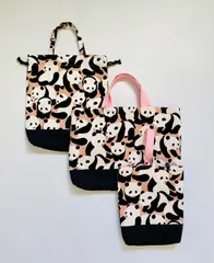 ハンドメイド　パンダ柄レッスンバッグ、お着替え袋 、シューズ袋3セット　ピンク