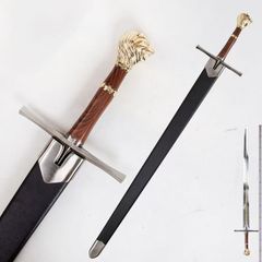 獅頭西洋両手剣 炭素鋼刃 × 獅子頭合金装具 全長 117cm 重量 2.25kg 木製合成皮革鞘付 ファンタジーコスプレ・ディスプレイ用 模擬刀 工芸品模造刀 西洋剣 中世ヨーロッパ風 西洋剣 十字軍剣
