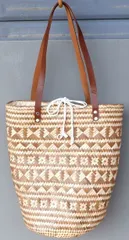 ロンタル・バッグ（ナチュラルかごバッグ）〜レザーハンドル/インナー付き〜 〈エコバッグ アジアン エスニック〉