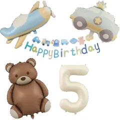 ★即日発送★5歳 誕生日 バルーン 風船 飾り付け セット 数字バルーン5 風船 熊 飛行機 働く車キャラメル HAPPY BIRTHDAYガーランド ハート風船 バースデーバルーン 装飾 キッズバースデーキット お祝い 写真背景 インスタ映え 子供 男の子