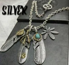 王道 3連フェザー シルバーネックレス インディアンジュエリー メンズ ナバホ族  ターコイズ イーグル 鷹 フェザー アクセサリー メンズ レディース