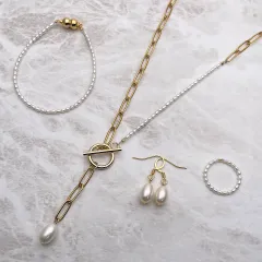 【LUXE】極上 雫 本真珠ネックレス4点セット ブレス リング ピアス 18KGP マンテル チェーン 淡水パール 金属アレルギー