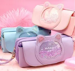 キラキラペンケース きらきら 筆箱 可愛い かわいい おしゃれ 大容量 文房具 小学生 女の子 中学生 高校生 プレゼント 入学祝い 猫 ビーズ 収納 持ち運び/8037-2