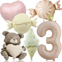 3rd Design くすみ バルーン 数字 ３歳 風船 セット 飾り付け バースデー パーティー 記念日 くま ハート ソフトクリーム ベージュ グレージュ 6個(ベージュ、グレージュ、ピンク,  大型)