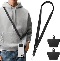 takyu スマホストラップ スマホショルダー 首掛け/肩掛け/斜め掛け 全機種対応 ネックストラップ 紛失防止 落下防止 長さ調整可能(ブラック+TPUパッチ,  通用型)