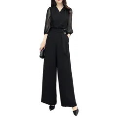 【新品】 [Four leaf] きれいめ フォーマル パンツドレス パンツスーツ セットアップ 結婚式 卒業式 入学式 発表会 大きいサイズ レディース シースルー オールインワン 服 ドレス スーツ 黒 春 夏 秋 (黒, 3XL) 1