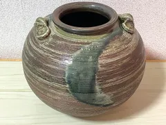 【KB37】信楽焼　明山 印　陶器　花瓶 水盤 花入 花生け フラワーベース　大きめ　壺型　茶緑　直径約25cm　高さ約19.5cm　重さ約2.1kg　陶磁器　焼物　花道　華道