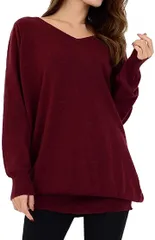 Sleeping Sheep(スリーピング シープ) スリーピングシープ ゆったり ちょいなが Vネック コットン ニット 無地 ロング セーター シンプル チュニック 大きいサイズ レディース(ワイン,  LL-3L)