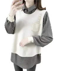 [Four leaf] 【1枚で主役級】 重ね着風 トップス レディース 長袖 春 秋 チュニック 異素材 ミックス レイヤード風 ニットベスト ストライプ ブラウス シャツ 襟付き 縦縞 【おしゃれ×モダン】 (ホワイト) [ホワイト]