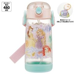 スケーター 水筒 子供用 480ml ストロー付き ワンプッシュ PDSH5 ディズニープリンセス 25 女の子向け 軽量 クリアボトル シリコーンパッキン付き 名前シール付 ショルダーベルト付 食洗機対応 BPAフリー