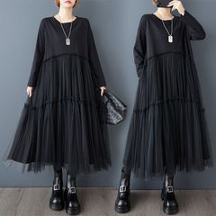 春 チュール ワンピース カジュアル ゆったり 黒 ロングスカート デザイン