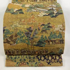 袋帯 美品 秀品 風景 雲文 金糸 箔 金色 お太鼓柄 正絹 【中古】