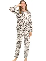 Allegra K フランネル パジャマ もこもこ 冬用パジャマ ルームウェア 冬 部屋着 上下セット 長袖 寝巻き レディース ヒョウ柄 XL