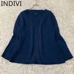 インディヴィ　ニットセーター　Vネック　リブ編み　ゆったり　Aライン　ウール混　ネイビー　大人カジュアル　シンプル　サイズ38 Mサイズ相当