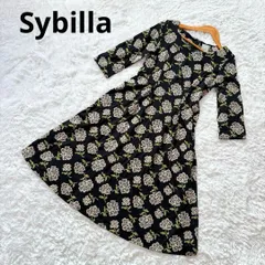 美品　Sybilla シビラ　花柄　刺繍　7分袖　ワンピース　インナー付　M　コットン　総柄　黒系　ブラック　フレアワンピース