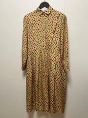 シルク　ワンピース　花柄　ベージュ　長袖　ひざ丈　ウエストベルト　スカーフ　レトロ　ヴィンテージ　ビンテージ