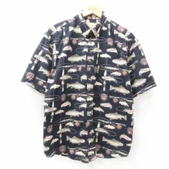 XL/古着 半袖 シャツ メンズ 魚 大きいサイズ コットン ボタンダウン 黒他 ブラック 25jun26 中古 トップス