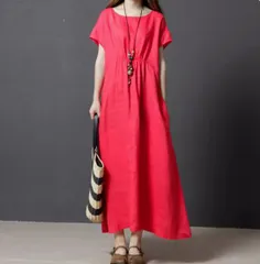 ワンピース プルオーバー レディース ロング 半袖 ラウンドネック 襟なし ワイド Aライン ポケット 薄手 リネン 大人可愛い シンプル カジュアル おしゃれ レトロ アジアン こなれ感 ラフ 個性的 クール モード系 エレガント モダン 主役級 存在感 抜