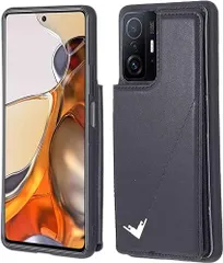 【 Antimam 】背面カード 手帳型ケース Xiaomi Mi 11T/11T Pro 対応 XIAOMI スマホバックカバー（ ブラック ）手作り お洒落シンプル 軽量 耐久性 カード収納 スタンド機能付き 財布型 落下防止 シャオミのサムネイル