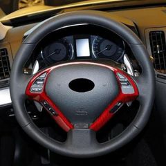 カースタイリング リアルブラック/レッドカーボンファイバーステアリングホイール装飾カバーステッカー インフィニティ G37 EX37 2013 Q40 2015 G25 EX35 2012用