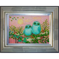絵画★佐野千恵子 「聖夜のふくろう」油絵 SM号数 額装 油彩画 SM号 佐野千恵子 「祝ふくろう」 油絵 額付き 真筆