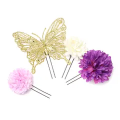 髪飾り 成人式 振袖 前撮り 袴 花 浴衣 夏祭り 花火大会 ４点セット ゴールド 白 紫 薄紫 撫子 ラメ 蝶 蝶々 浴衣 髪型 ヘアス No.9-3782