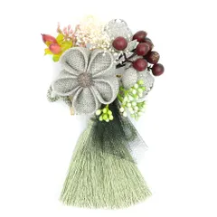 髪飾り 成人式 花 振袖 前撮り 袴 花 グレー ナチュラル レース 木の実 ぶどう 葡萄 つまみ細工 丸つまみ 組紐 房 房付き 花ご No.12-0894