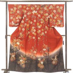 訪問着 身丈165cm 裄66cm 前幅24cm 後幅29.5cm 袖丈57cm 袖幅34cm レディース 袷 花車 裄長 裄M-Lサイズ 秋冬春用 正絹（シルク）ブラウン トールサイズ 未使用品 リメイク リユース リサイクル【呉服のきくや】