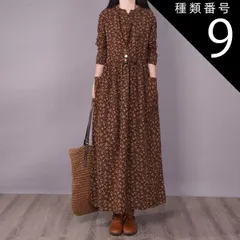 種類9：グレー/M ワンピース ワンピドレス 膝下 ロング ロング丈 袖あり 長袖 ラウンドネック 襟なし スタンドカラー Aライン ポケット かわいい 大人可愛い シンプル カジュアル おしゃれ レトロ アジアン エスニック エキゾチック 大人女子 ラフ 柄