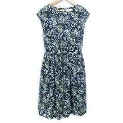 テチチ Te chichi ワンピース ミモレ丈 フレンチスリーブ ラウンドネック 切替 リボン 花柄 マルチカラー M 紺 白 ネイビー ホワイト /FF31