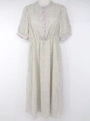 ◇ Ray Casssin 花柄 裏地あり バンドカラー 半袖 膝下丈 ワンピース サイズＦ オフホワイト パープル レディース P  【1307150008634】