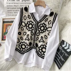 ☆ A×ブラック ☆ ベスト ニット クロシェ 編み おしゃれ ベスト ボタン付き 前開き レディース ニットベスト ニット 花柄ニット 前あきベスト ノースリーブ 花柄 フラワー 重ね着 レイヤード 春 秋 冬 カジュアル Vネック おしゃれ 大人 かわいい
