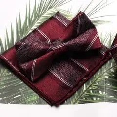 蝶ネクタイ　ポケットチーフ　2点セット　ワンタッチネクタイ　結婚式　発表会　パーティー　イベント　卒業式　入学式　入社式　ダンスパーティー　バーテンダー　スーツ　ワイシャツ　格安　小物　ストライプ柄　ワインレッド色　シルバー色　ホワイト色　メンズネクタイ