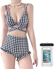 NAKACHI 水着 レディース ビキニ セパレート 体型カバー ハイウエスト 韓国風 防水ケース付き( 千鳥格子（白黒）,  XL)