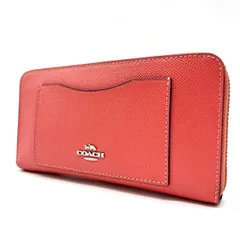 【良品】 COACH コーチ 長財布 ラウンドファスナー ロングウォレット 馬車金具 シルバー金具 ロゴ型押し カードケース 定期入れ 小銭入れ クロスグレインレザー レディース ピンク 桃色