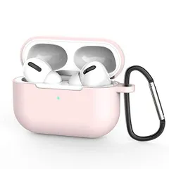 AirPods Pro ケース エアーポッズプロ シリコン ケース カバー Apple イヤホン 一体型 保護ケース (前のLEDライトが見える) 軽量 薄い かわいい 耐衝撃 防塵 カラビナ付き 紛失防止 ワイヤレス充電対応 (ピンク)