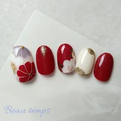 和柄ネイル 成人式 前撮り 袴 和装 赤 白 フラワー 花  浴衣