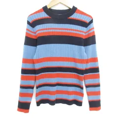 エージーバイアクアガール AG by aquagirl リブニット カットソー 長袖 クルーネック マルチボーダー柄 M 水色 紺 ライトブルー ネイビー /FF34 ■MO