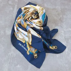 【美品】TRUSSARDI トラサルディ シルクスカーフ バロック調 豪華装飾柄 ゴールド系 エレガント 紺系 大判スカーフ