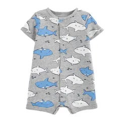 ベビー 男の子柄 半袖 ロンパース 前開き コットン 60 70 80 90 【rpb-147 サメ】