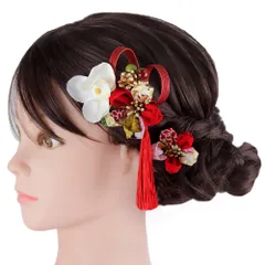 髪飾り 成人式 つまみ細工 赤 ゴールド 振袖 前撮り 袴 花 白 ちりめん 房 組紐 ビーズ 和柄 小さい 2点セット 着物 和装 かん No.9-5646