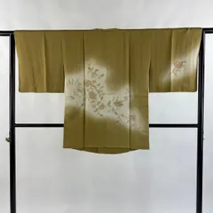 【美品】 道行 身丈82.5cm 裄丈65cm M 和装コート 角衿 草花 刺繍 ぼかし 黄土色 正絹 秀品 【中古】