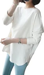 [SLOW＆MELLOW] ロングスリーブ Tシャツ カットソー レディース クルーネック ラウンドカット 丸首 シンプル 無地 カジュアル 長袖 ロンT ゆったり 着回し 2カラー シャツ 大きい 大きめ 春 夏 秋 冬 重ね着 レイ [ホワイト] [XL]